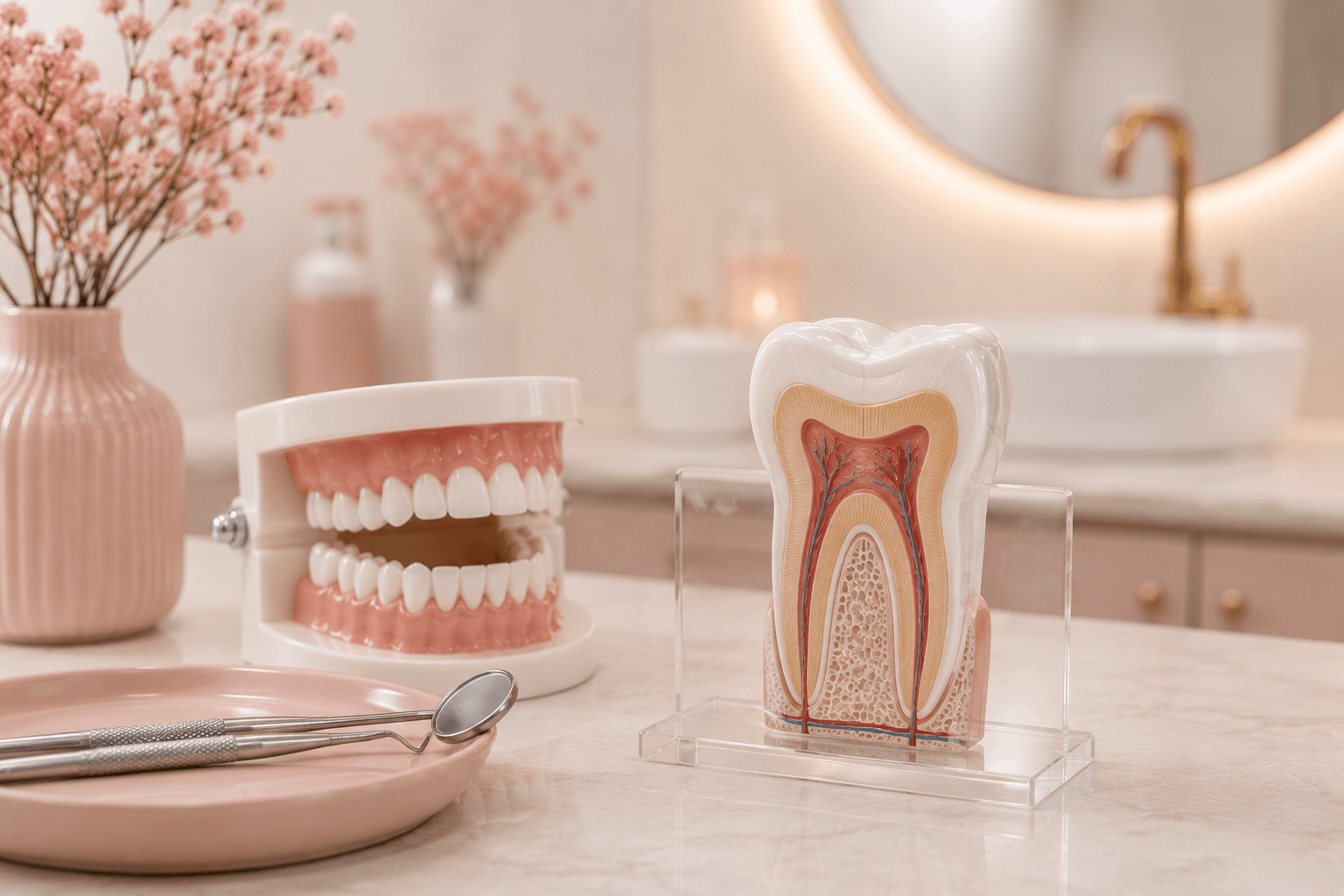 A cross-section tooth model showing the enamel and dentin layers beside a dental model and mirror